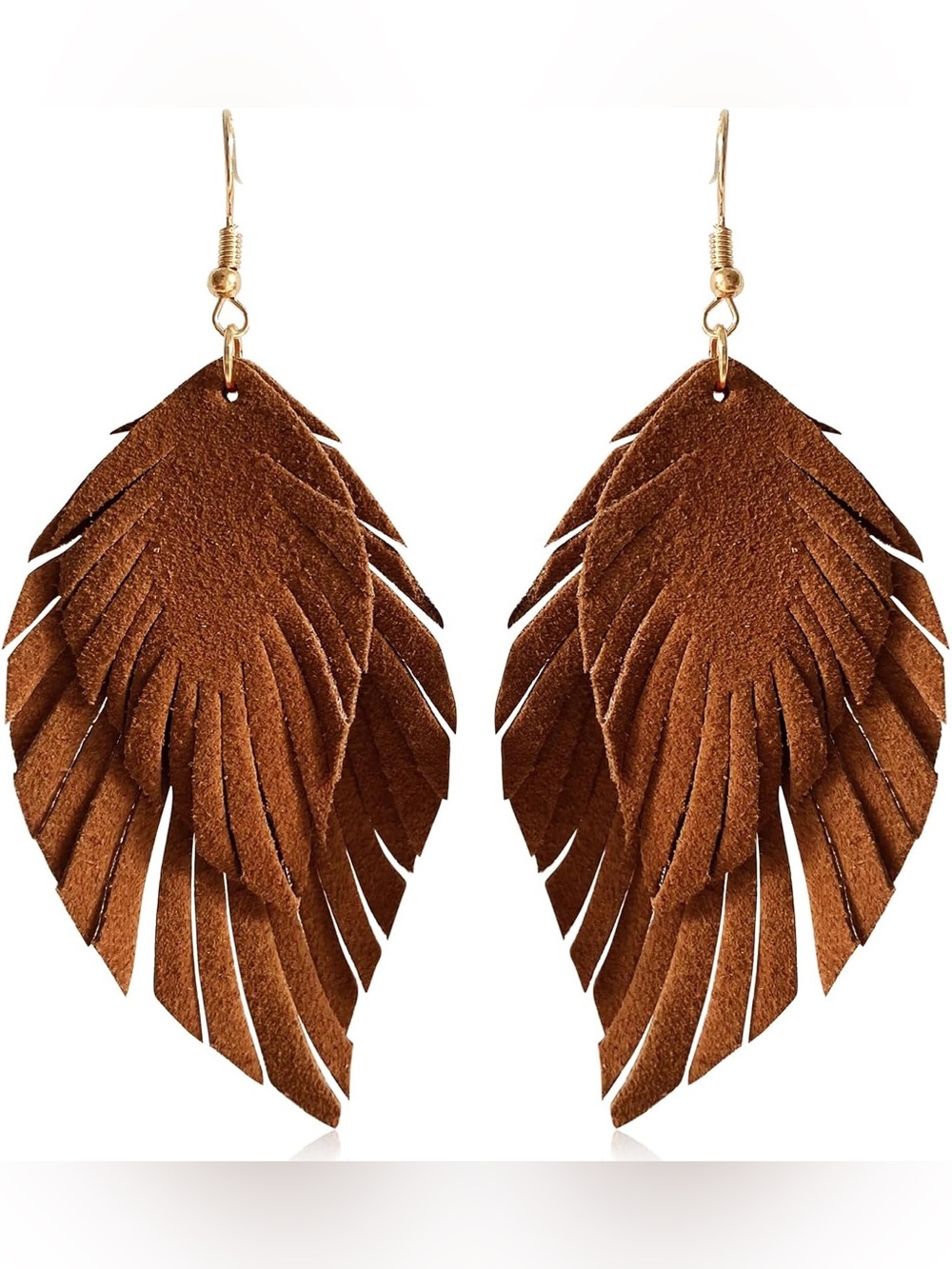 Boho Fringe Leaf Drop Earrings - Brown